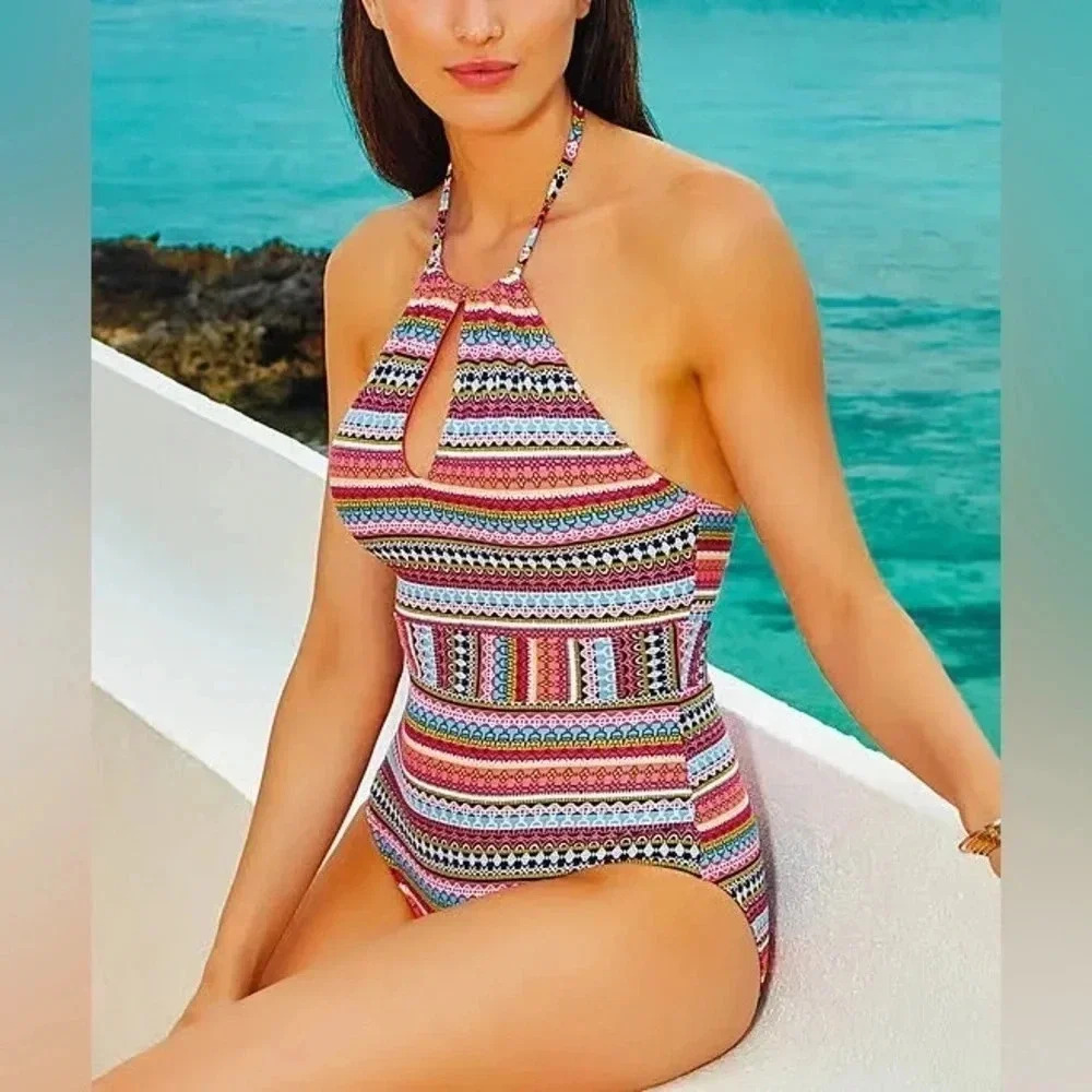 Anne Cole Jet Set Mixed-Print 1-Piece Halter Swimsuit Plus Size 14 Large L